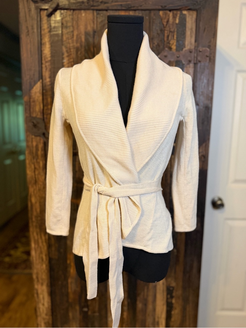 BCBGMAXAZRIA Merino Wool Wrap Cardigan Small Ivory Belted Shawl Collar Sweater